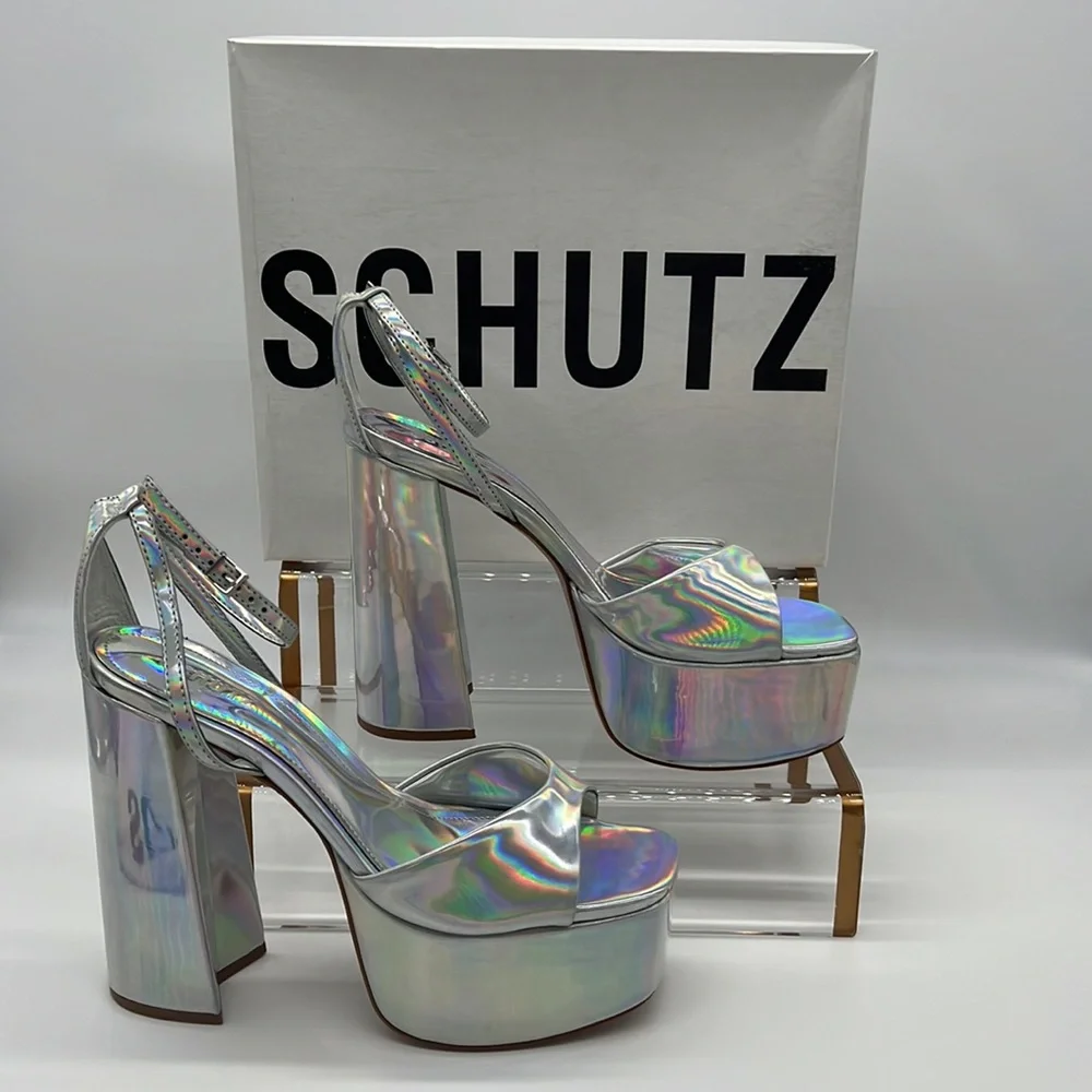 SCHUTZ NWB Aryia Metallic Faux Leather Platform Sandals Spechio Holographic